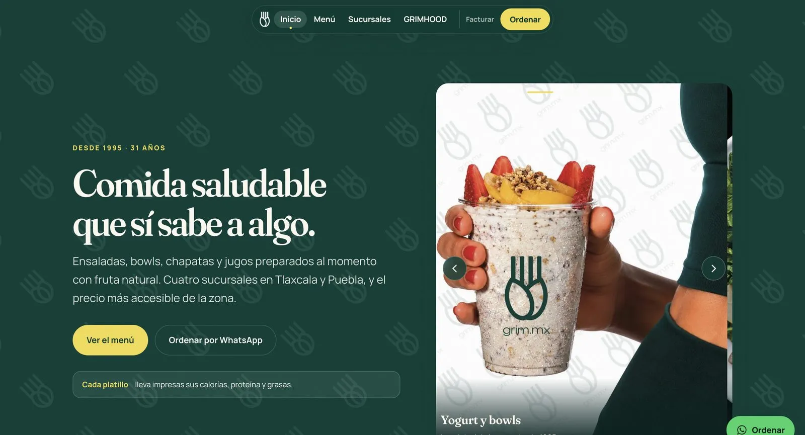 Portada del sitio de GRIM: fondo verde con el titular «Comida saludable que sí sabe a algo».