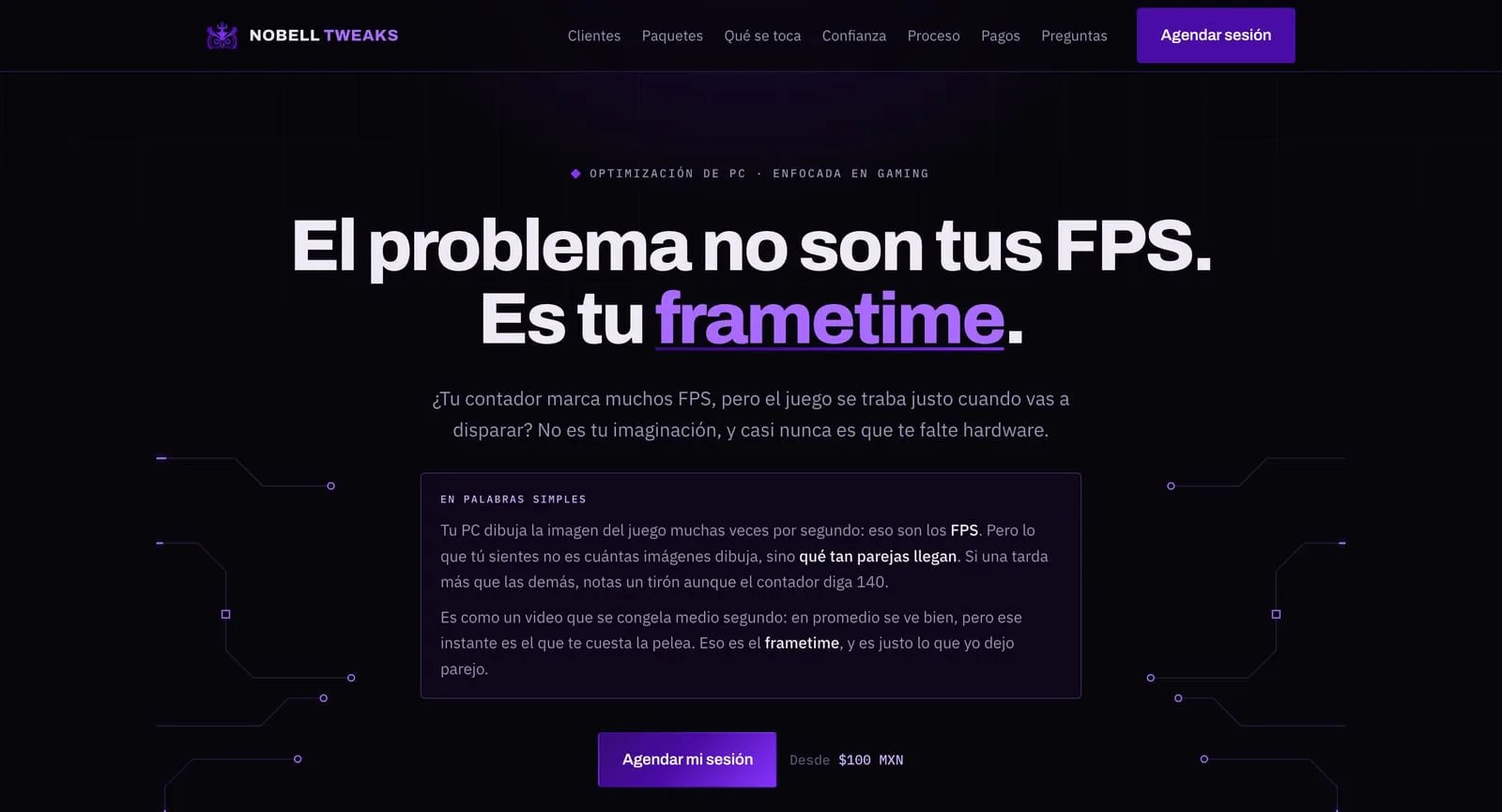 Portada del sitio de Nobell Tweaks: fondo oscuro con el titular «El problema no son tus FPS. Es tu frametime».