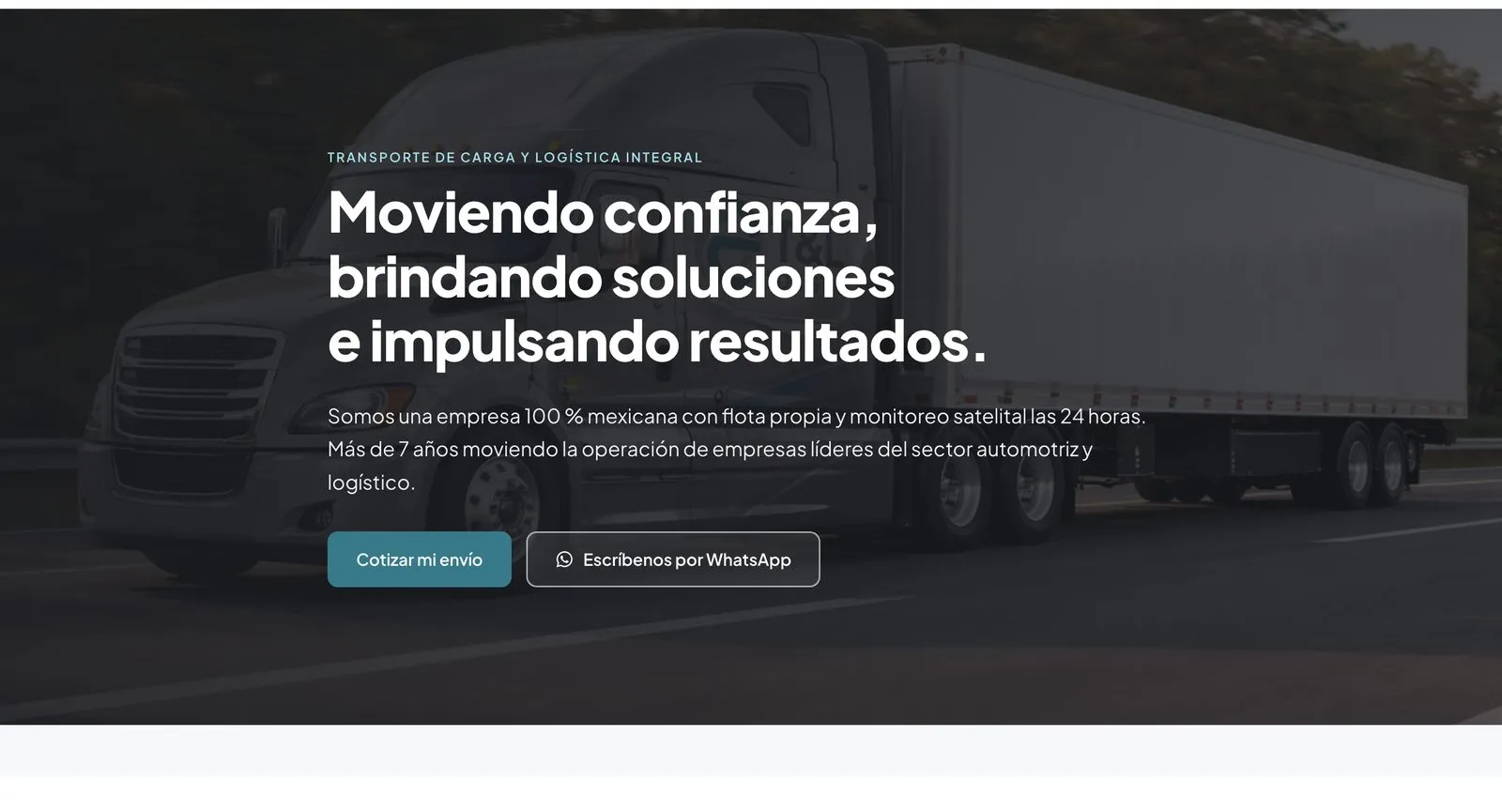 Portada del sitio de T&L LogistIQ: un tráiler en carretera y el titular «Moviendo confianza».